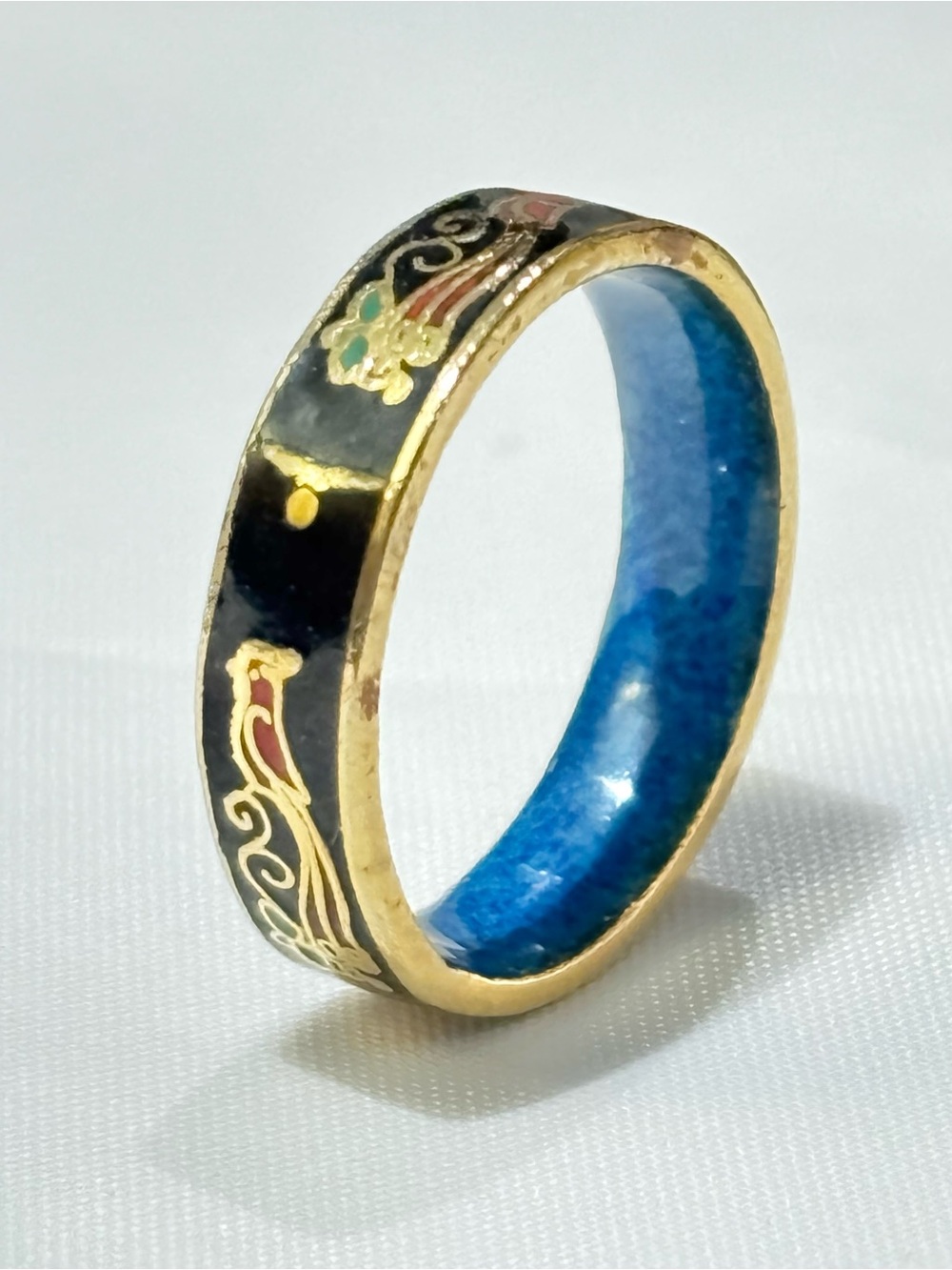 Vintage Cloisonné Enamel Bird Black & Gold Floral Cobalt Blue Interior Ring Sz 5